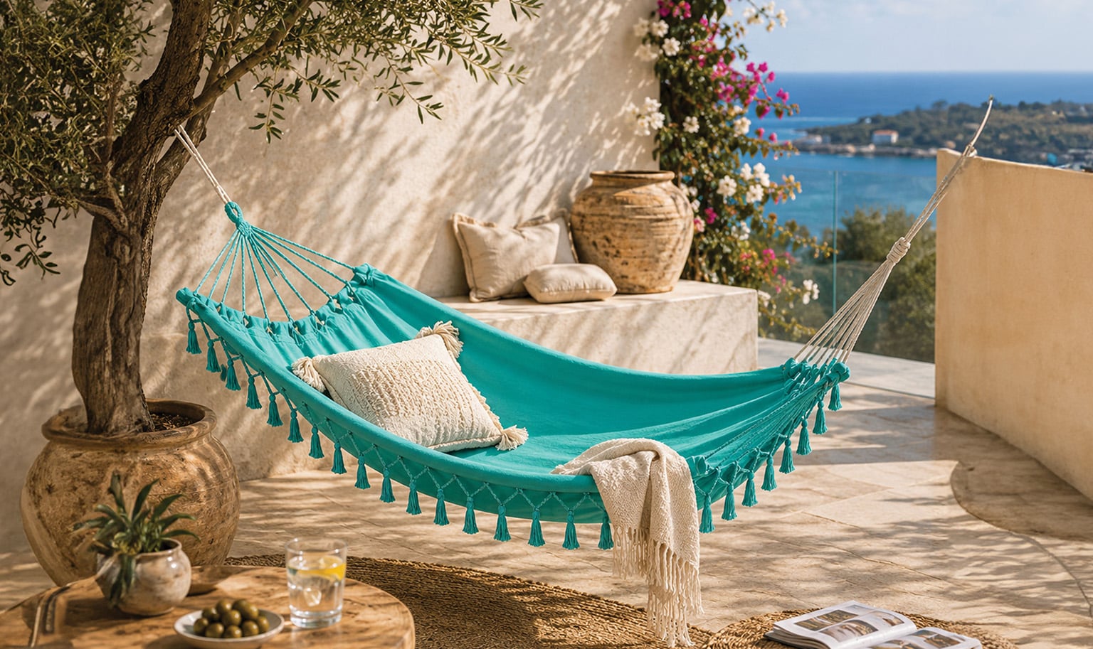 A vibrant turquoise fringed hammock suspended on a Mediterranean-style terrace overlooking a coastal sea view.